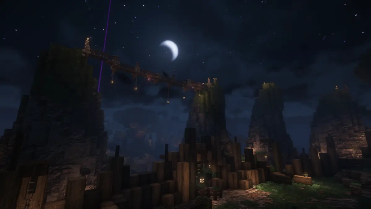 Minecraft build illuminated at night.