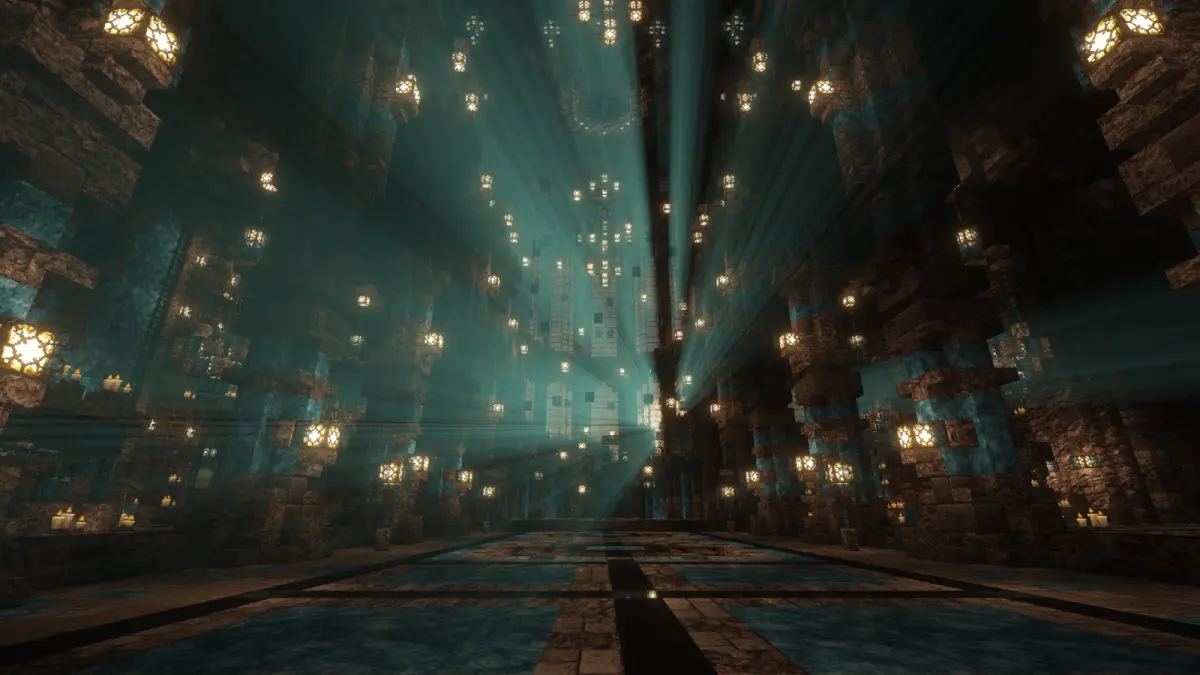 Large Minecraft interior with dramatic lighting.