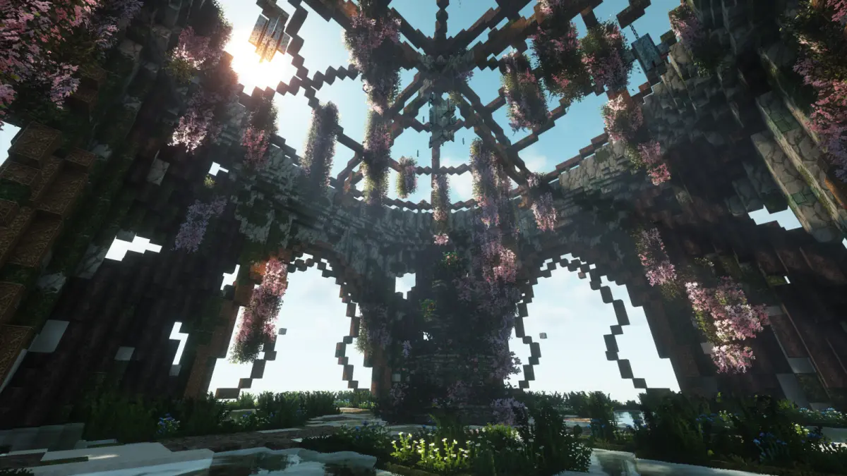 Minecraft garden and stone architecture.