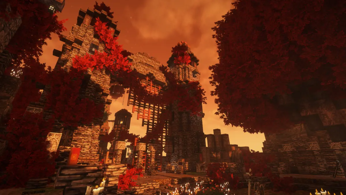 Minecraft landscape with a ruined keep surrounded by autumn foliage.